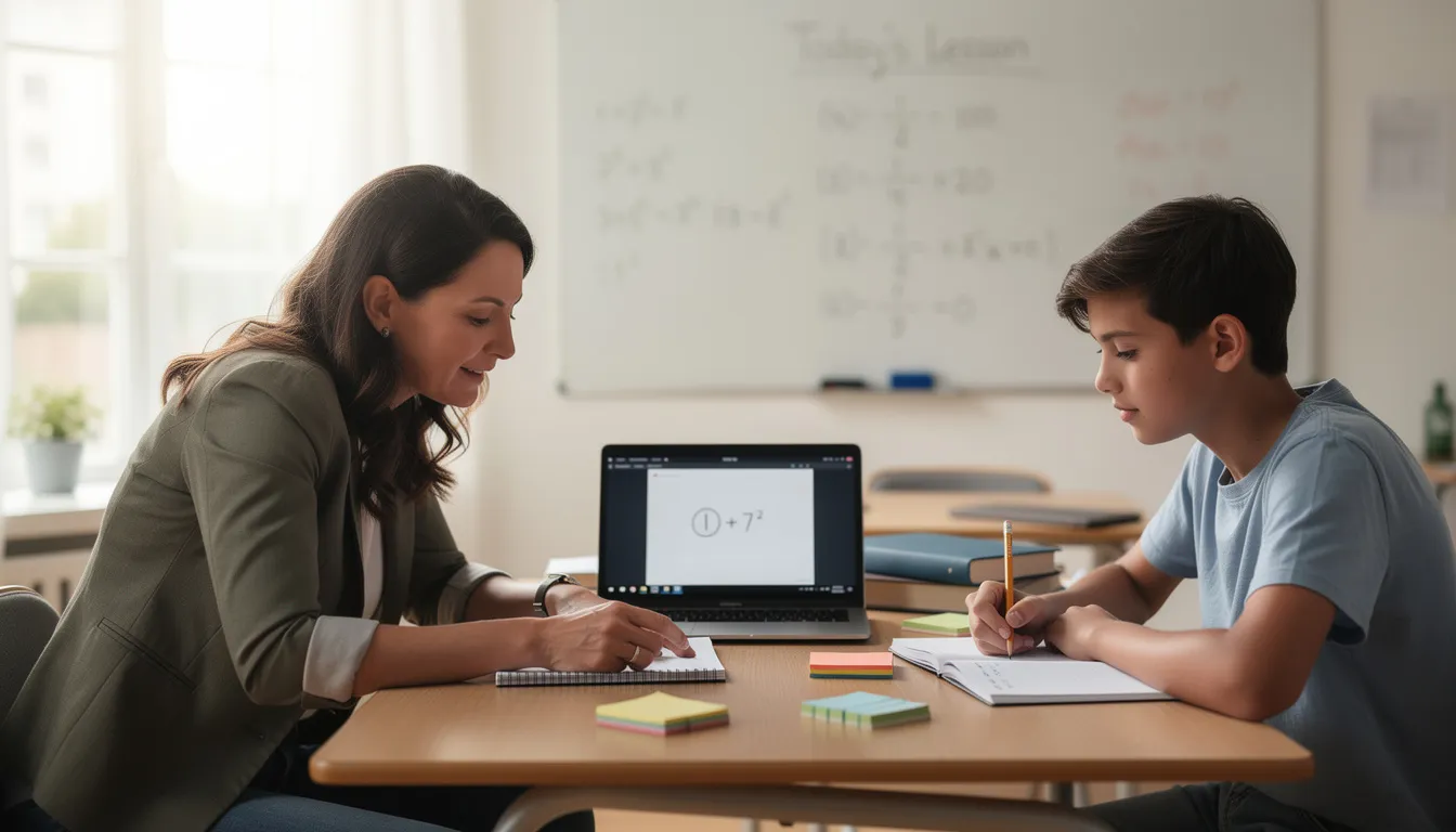 Ein Nachhilfelehrer gibt in einem gemütlichen Raum Nachhilfeunterricht an einen Schüler, der an einem Mathematikbuch arbeitet. Die Umgebung ist freundlich und fördert das Lernen, während der Lehrer Unterstützung bietet und die Schülerhilfe im Fokus steht.