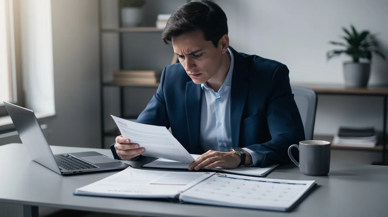 A focused individual is seated at a desk, meticulously reviewing documents and a calendar, likely related to customer complaints and the integrated ombudsman scheme for resolving issues with banks. The scene emphasizes the importance of attention to detail in the complaint filing process to ensure customer satisfaction.
