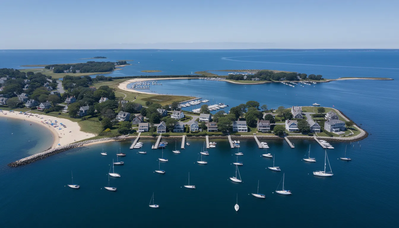 An aerial view captures the stunning Connecticut shoreline, showcasing a vibrant harbor filled with boats and the expansive Long Island Sound in the background. This image reflects the charm of coastal living and the appeal of waterfront properties, highlighting the luxurious lifestyle available in this historic New England area.