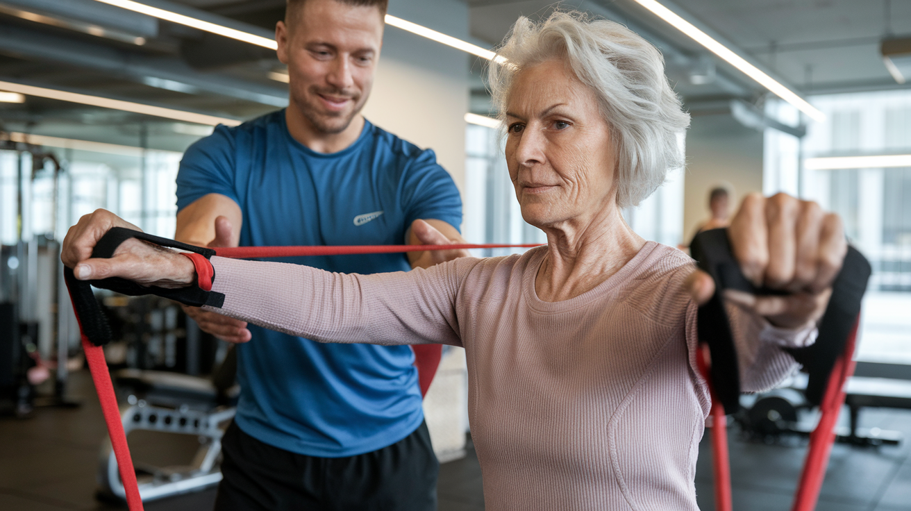 An older lady exercising with resistance bands in a gym.