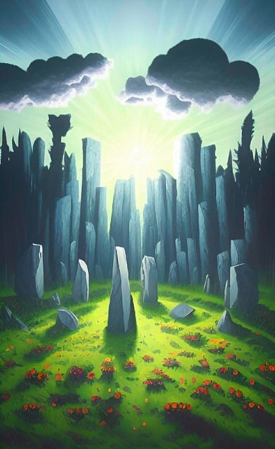 standing stones, stonehenge, circle of stones, ai art, green medow