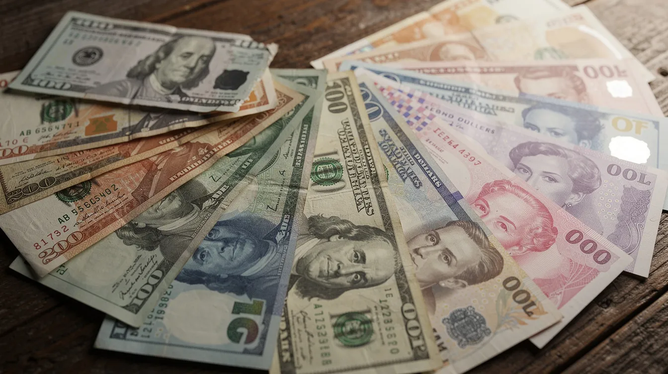 The image shows a variety of international currency banknotes arranged on a wooden table, highlighting the diversity of cash used for personal remittances and business payments. This visual representation underscores the importance of understanding exchange rates and transfer fees when engaging in international payments.