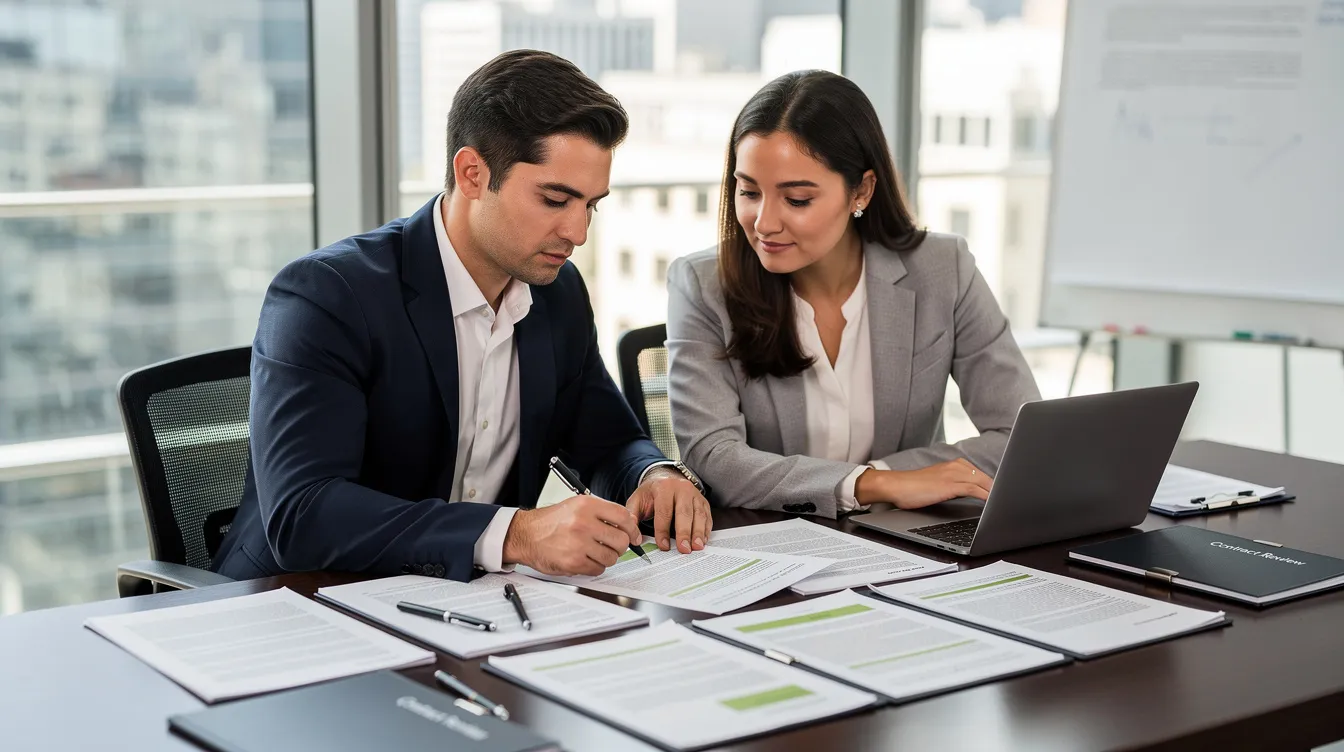 Two individuals are seated at a conference table, closely examining legal documents related to a personal injury claim, possibly discussing details about a workplace injury and the potential for filing a lawsuit against an employer. The atmosphere suggests a serious conversation about workers compensation benefits and the legal options available for injured workers.