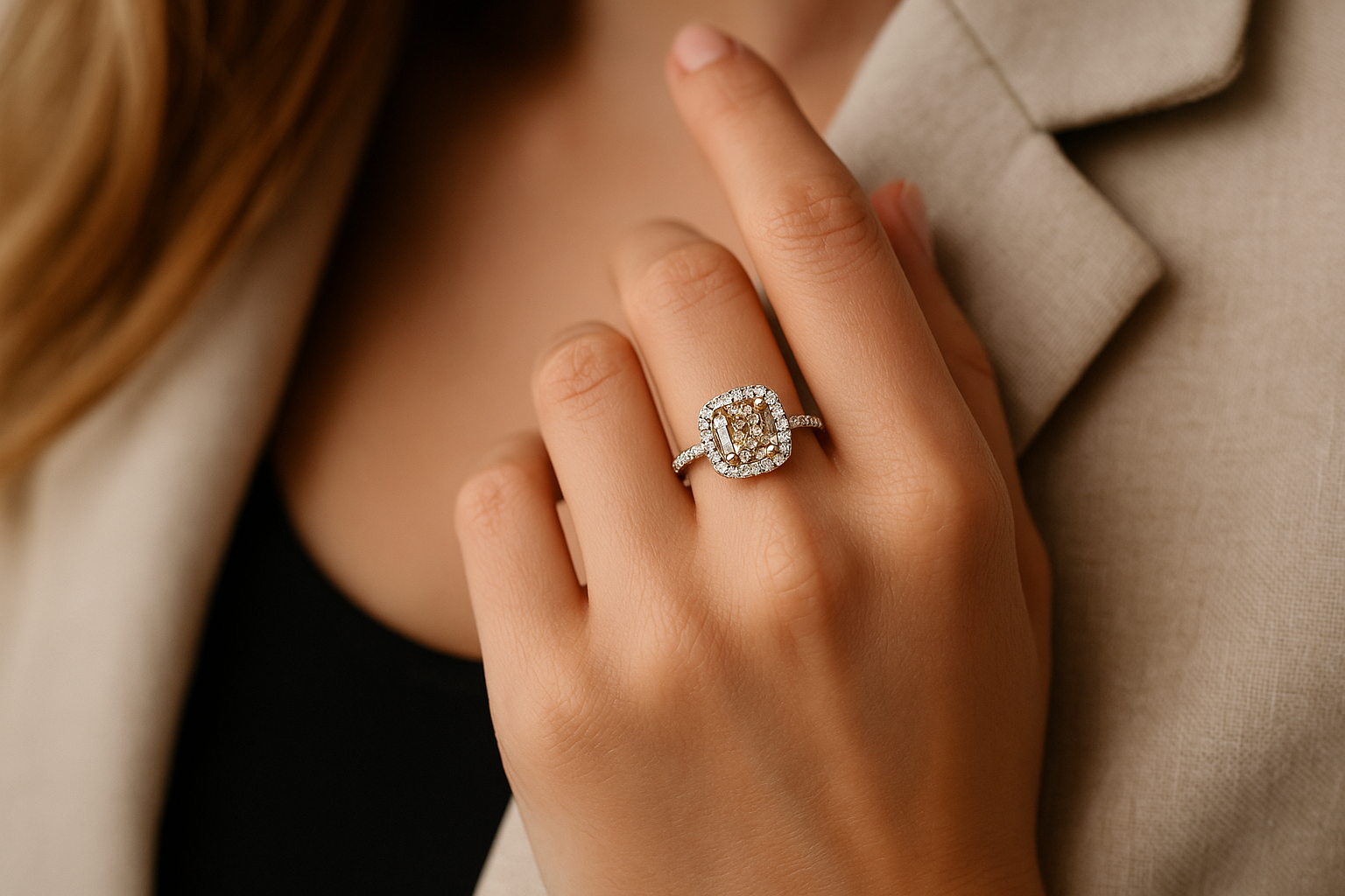 Halo dizaino sužadėtuvių žiedas su laboratorijoje užaugintu cushion formos šampaninio atspalvio deimantu 