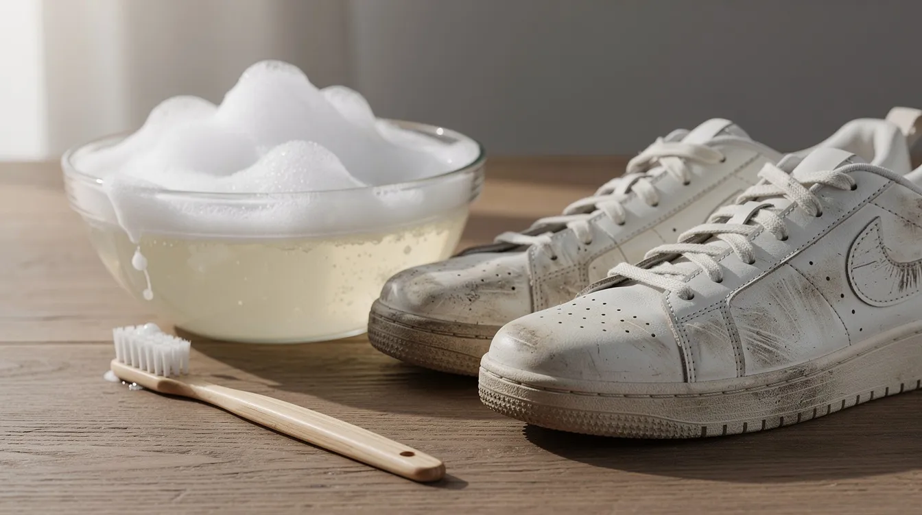 The image shows a pair of dirty white sneakers placed next to a bowl of soapy water and an old toothbrush on a table, suggesting the beginning of a gentle cleaning process to remove loose dirt and stubborn stains. To maintain their shape and keep your white sneakers looking fresh, it's important to regularly clean them using mild soap and a soft brush.