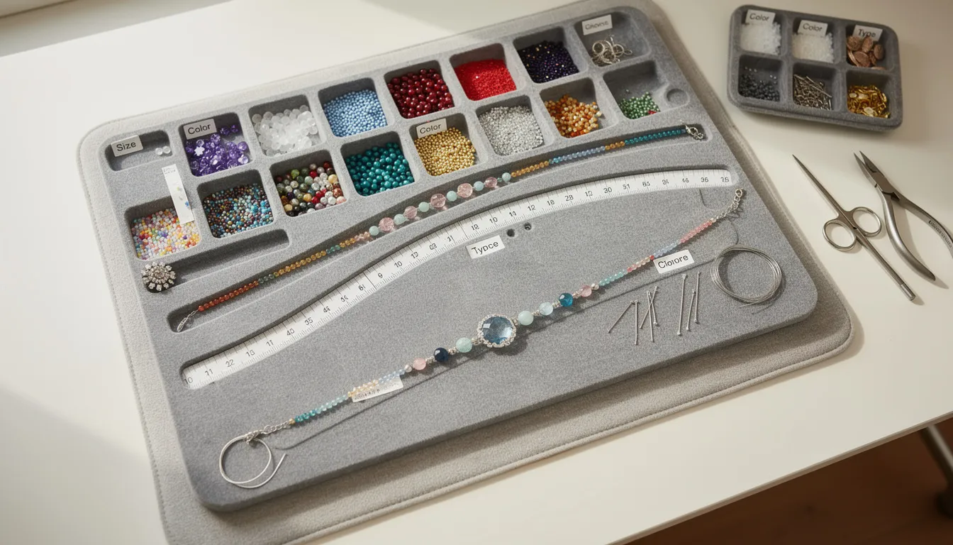The image shows a well-organized beading workspace featuring a bead board with various compartments for different beads, alongside a felt beading mat and trays, providing the perfect setup for creating necklaces and bracelets. This setup is ideal for beginners, allowing for easy access to assorted beads while ensuring everything stays in place during the jewelry-making process.