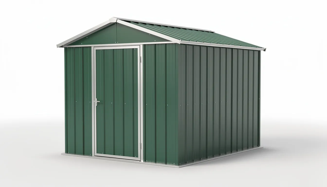 The image depicts a 6′ x 4′ Yardmaster Emerald Pent Metal Shed, showcasing a light green, weather-resistant design made from galvanized steel. It features double sliding doors for easy access, providing ample storage space for all your outdoor tools and gardening equipment, while two ventilation windows ensure proper air flow to prevent mildew build-up.