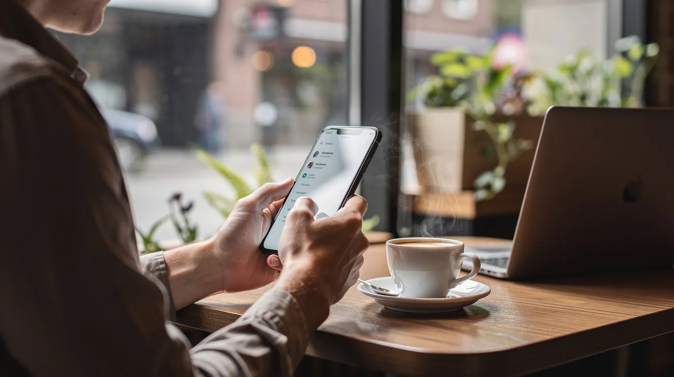 A person is sitting at a cafe table, using a mobile phone app while enjoying a coffee cup. The scene captures the casual atmosphere of the cafe, highlighting the blend of technology and social interaction in a vibrant setting.
