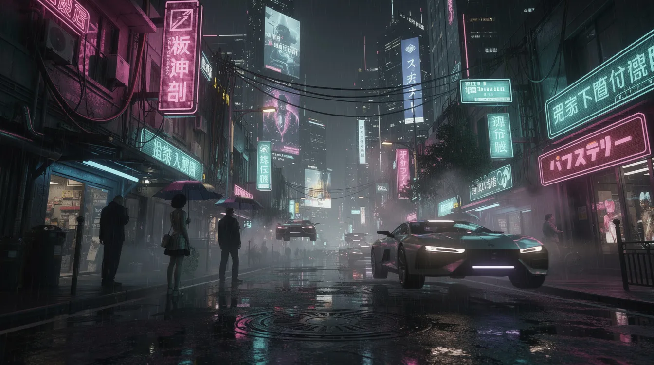A vibrant dark neon-lit cityscape at night showcases a cyberpunk aesthetic, filled with glowing signs and futuristic buildings, reminiscent of the bustling atmosphere of online casinos like Wild Tokyo. The scene captures the essence of a lively urban environment, inviting viewers to explore its intriguing depths.