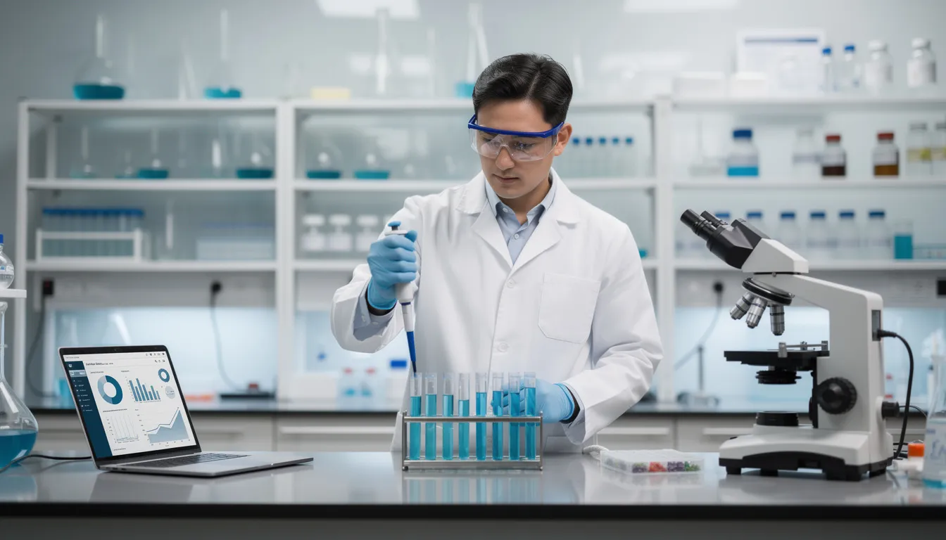 The image depicts a scientist in a laboratory, engaged in stem cell research with various research equipment. The setting highlights the exploration of different cell types, including embryonic and adult stem cells, as part of the broader field of regenerative medicine aimed at understanding the regeneration process and tissue repair.