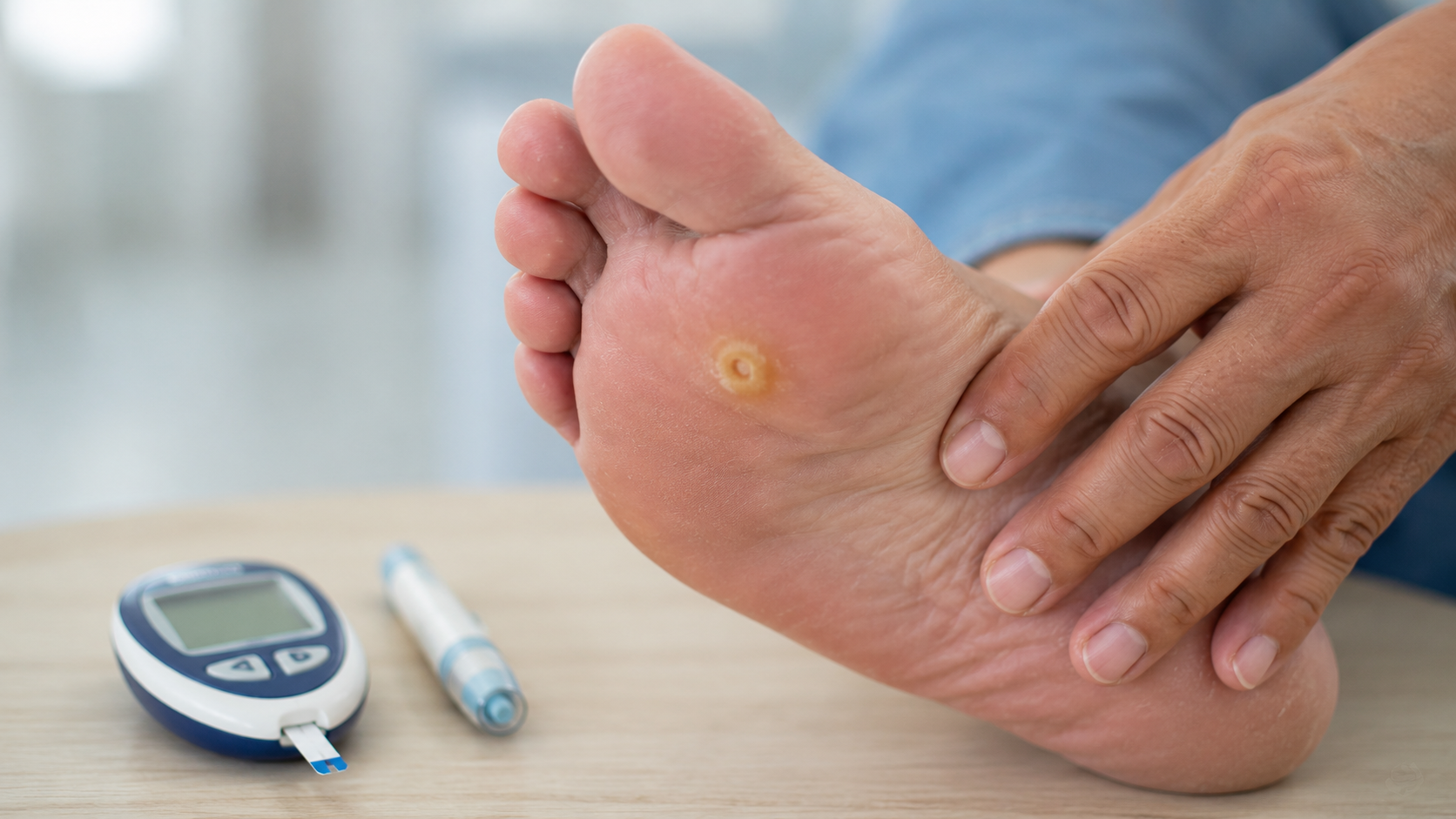 Close-up of a corn on the sole of a foot beside a glucose meter during a diabetic foot health assessment.