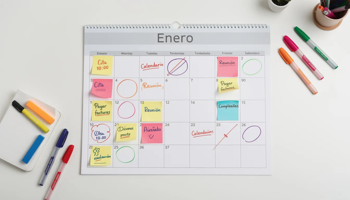 Imagen de un calendario mensual que presenta marcas de citas y anotaciones coloridas, ideal para la gestión de recordatorios automáticos de citas en un negocio. Este calendario permite a los profesionales llevar un control eficiente de sus horarios y mantener informados a sus clientes sobre eventos y reservas.