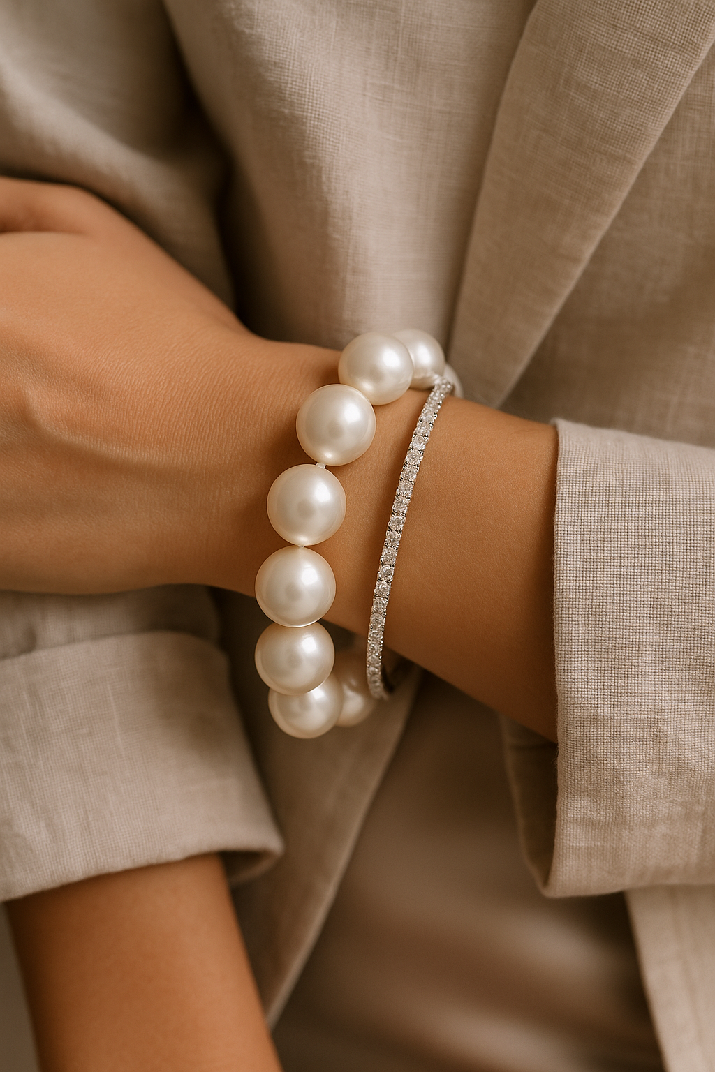 Vyriška ranka su dviem tennis apyrankėmis iš balto aukso, inkrustuotomis juodais deimantais. Apyrankės uždėtos ratu viena šalia kitos, subtiliai spindi studijinėje šviesoje