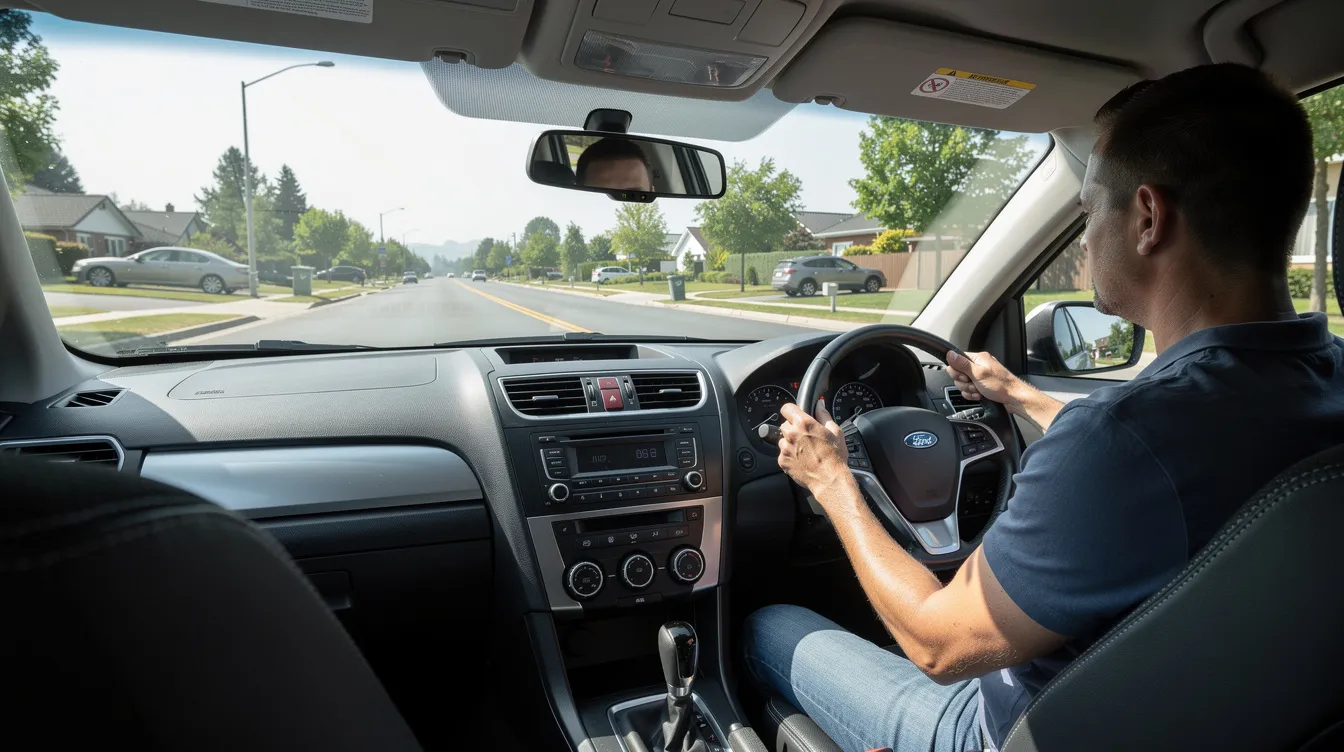 A driver is seated in the driver's seat of a right-hand drive car, navigating a calm road