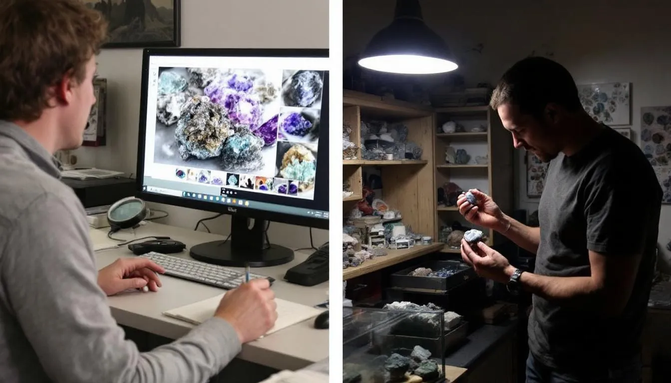A person is browsing a website showcasing various crystals, including rose quartz and amethyst, on a computer screen, while another individual examines rough stones and gemstone jewellery in a physical shop nearby. This scene highlights the blend of online and in-person shopping for healing crystals and minerals, enhancing daily life with their unique healing properties.