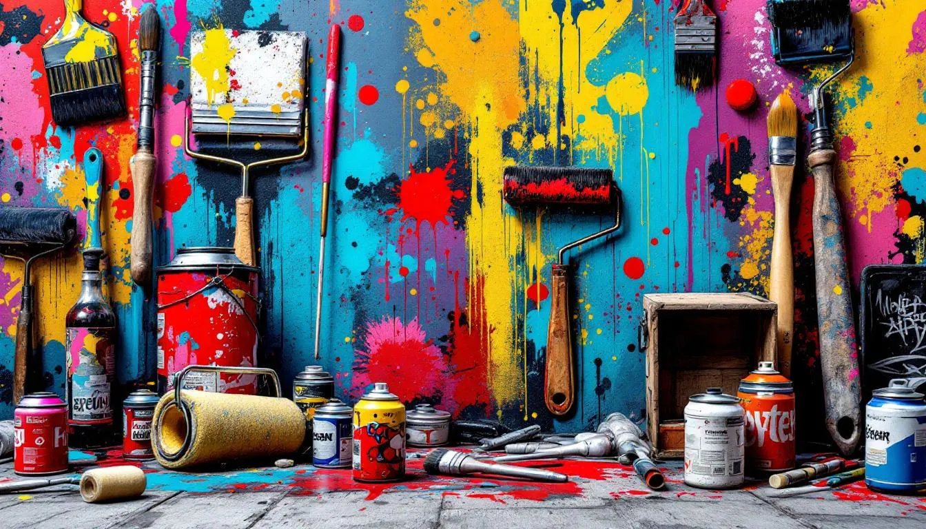 Tools and materials for painting concrete, including brushes and sprayers.