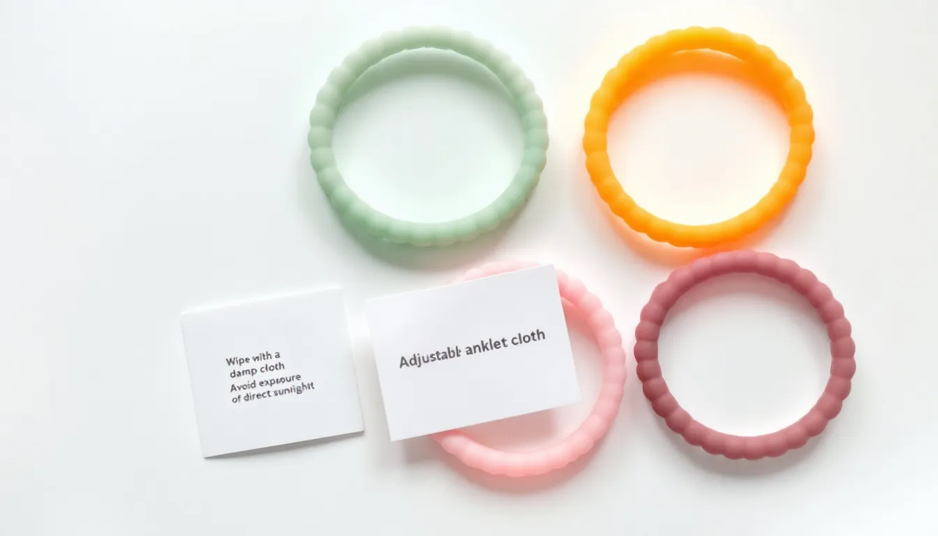 The image displays care instructions for silver adjustable anklets, highlighting the best practices to maintain their shine and durability, making them suitable for both adults and children. The guide emphasizes how to properly clean and store these anklets to ensure long-lasting results.