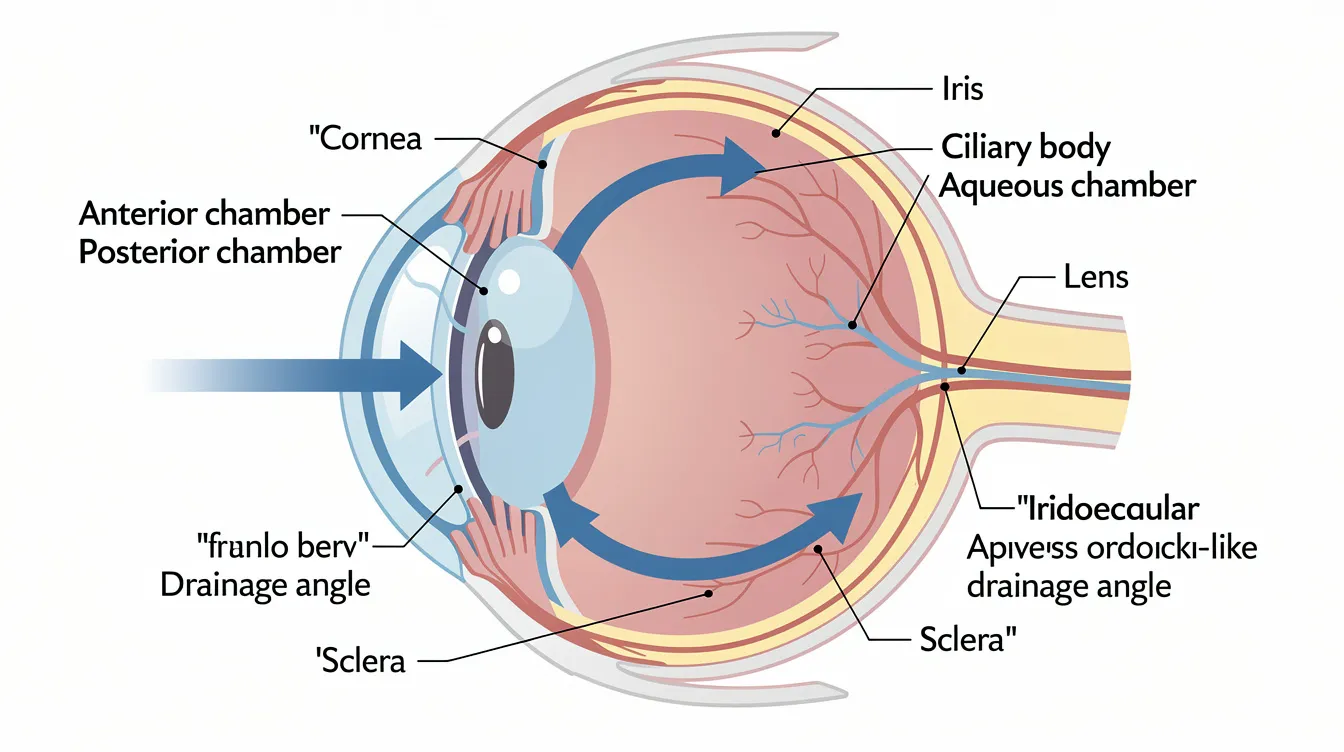 The diagram illustrates the anatomy of a healthy canine eye, highlighting the flow of aqueous humor from the ciliary body through the eye's chambers and into the drainage angle. Understanding this flow is crucial for recognizing conditions like glaucoma, which can lead to increased intraocular pressure and potential vision loss in dogs.