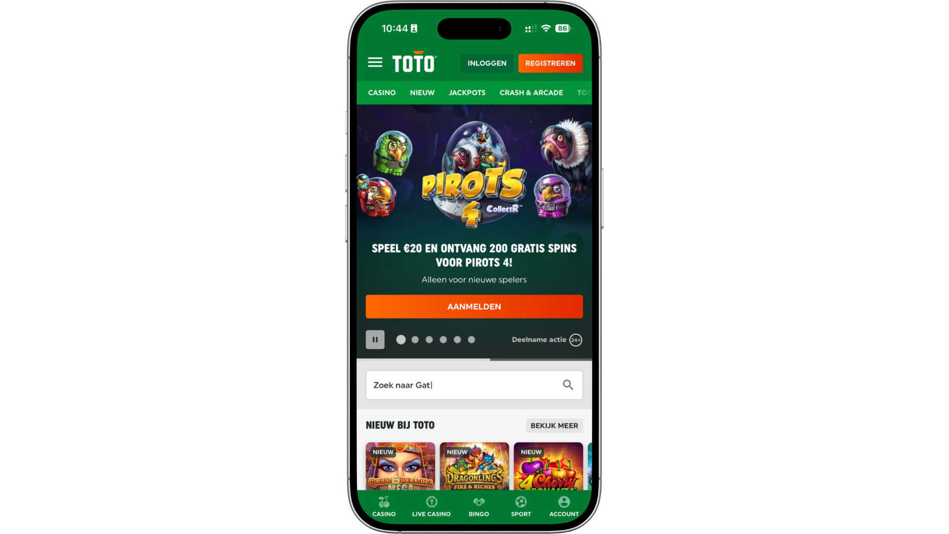 Scherm van de TOTO casino app op smartphone, een legale Nederlandse casino app met online casino spellen, live casino en jackpots, beschikbaar als mobiele casino app voor iOS en Android via app store of google play store.