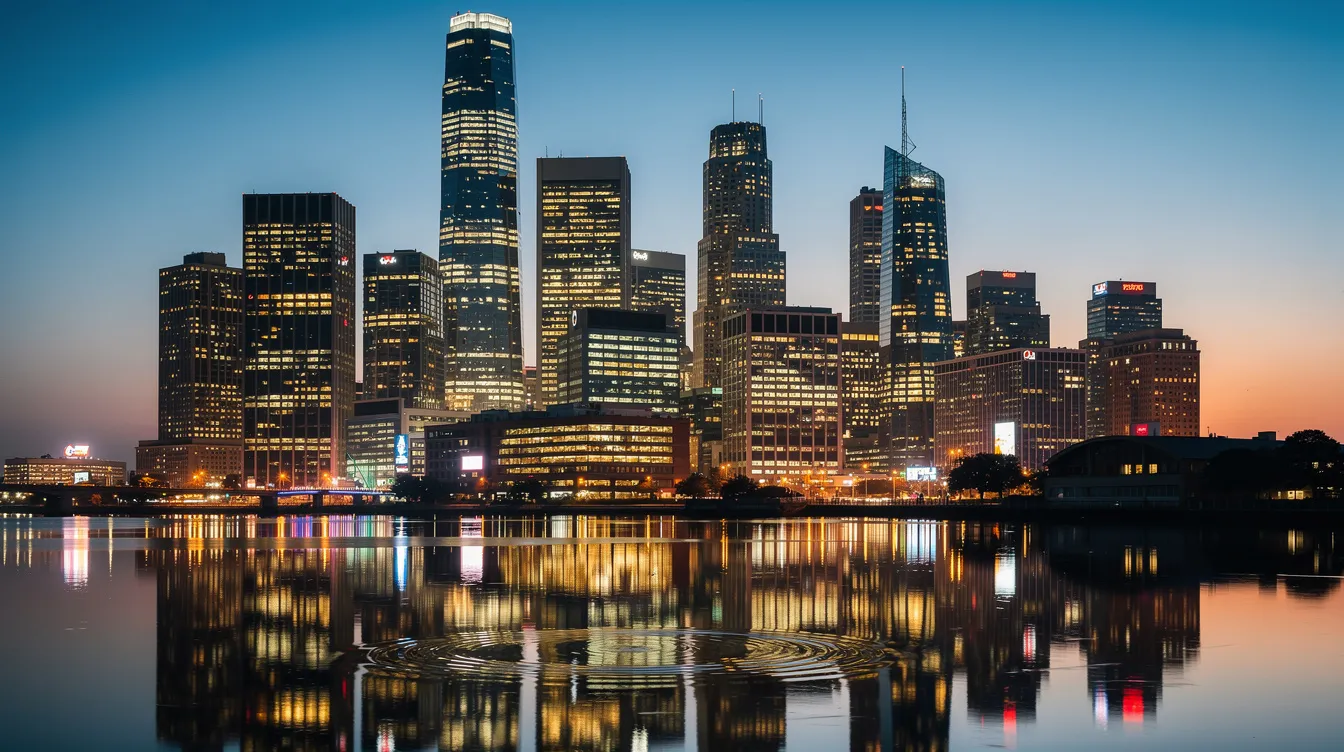 The image depicts a city skyline at dusk, featuring illuminated office buildings that reflect beautifully in the water below. This vibrant scene symbolizes the dynamic environment of corporate governance, where public and private companies thrive amidst the complexities of business law and fiduciary duties.