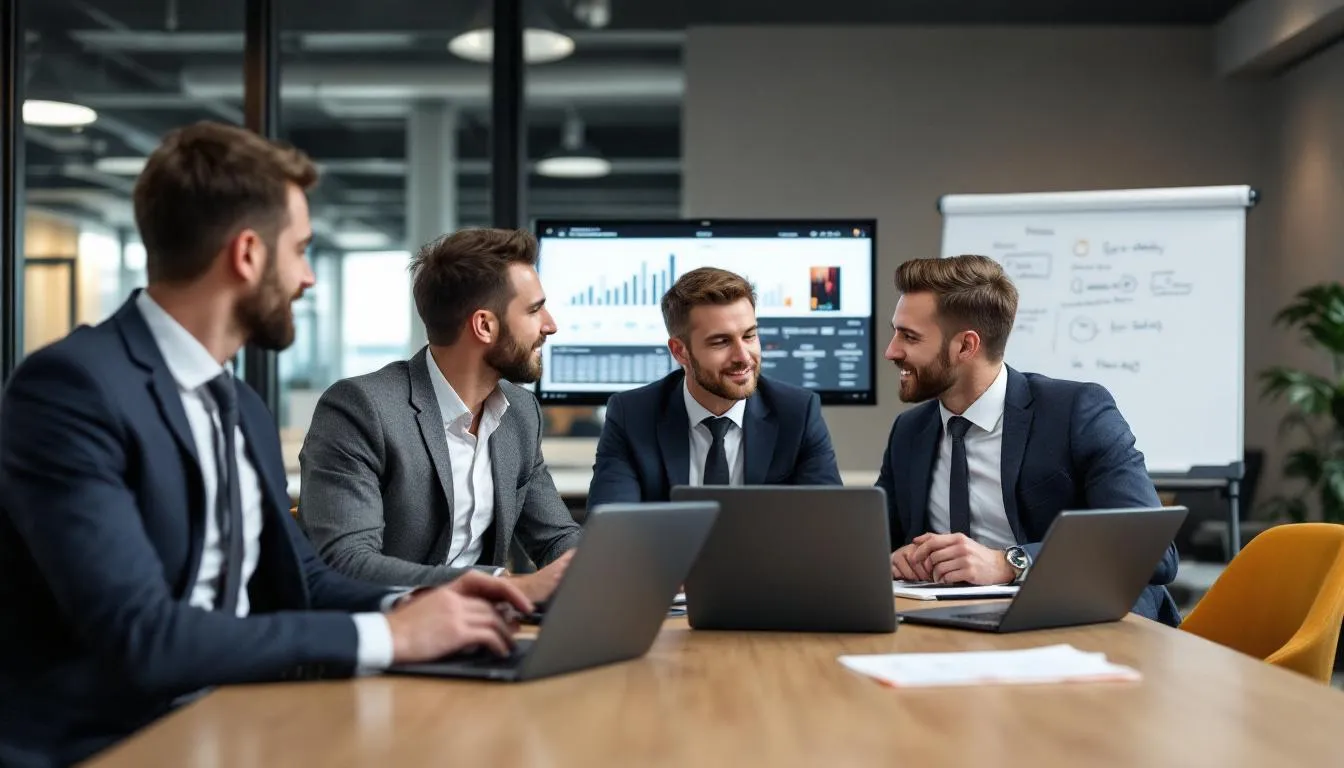 A group of Australian business professionals is gathered around a table, analyzing marketing data displayed on multiple mobile devices and laptops. They are focused on identifying common marketing mistakes and refining their digital marketing strategy to better connect with their target audience and achieve overall business objectives.