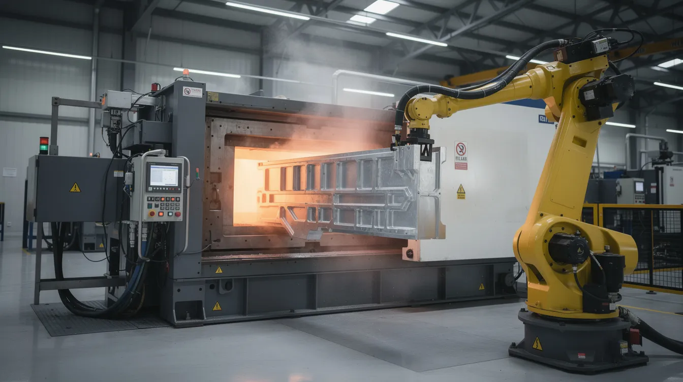 A large industrial die casting machine is prominently displayed on a factory floor, with an automated robotic arm extracting a freshly cast aluminum structural part. This scene highlights the advanced die casting process and the use of precision machining in mass production.