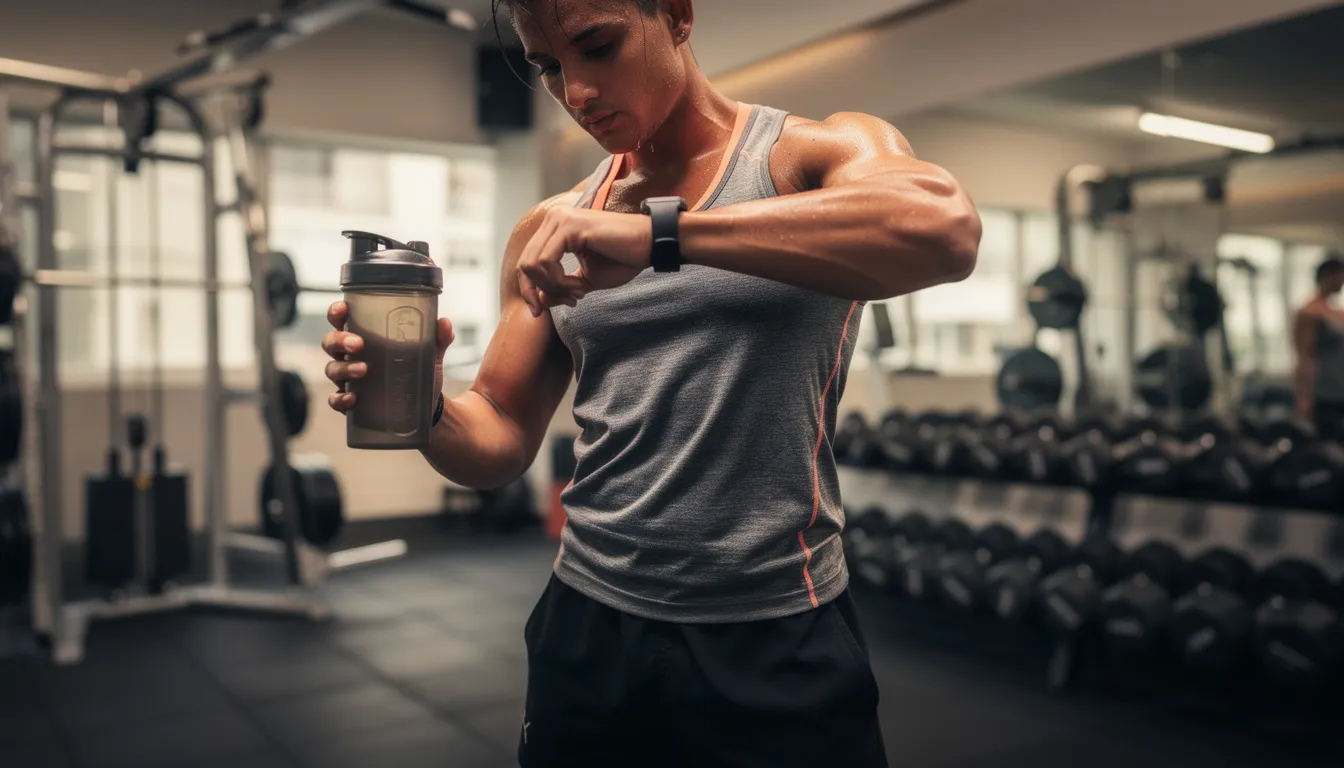 A person in a gym is shaking a protein shaker bottle after an intense workout, preparing a protein shake to support muscle recovery and enhance muscle protein synthesis. The scene emphasizes the importance of protein intake and creatine supplementation for muscle growth and maintenance.
