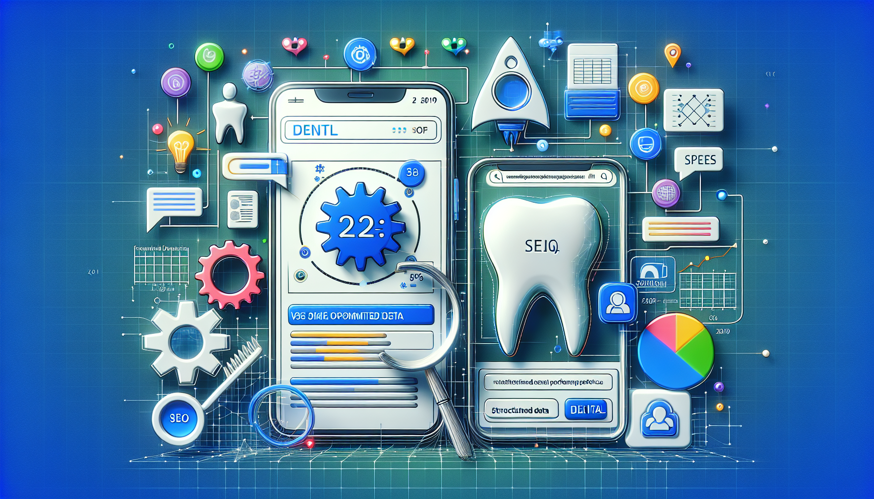 An illustration explaining technical SEO for dental websites, featuring various technical elements.