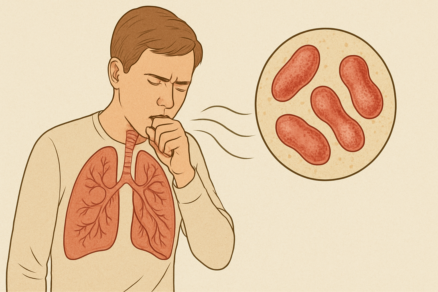 Illustrasjon av hostende person med synlige lunger og bakterier, som viser smittsom lungebetennelse forårsaket av Mycoplasma.