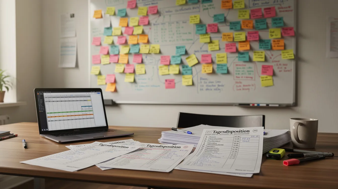 Das Bild zeigt ein Produktionsbüro mit einem Whiteboard, das voller farbiger Notizen und Post-its ist. Auf dem Schreibtisch befinden sich ein Laptop und ausgedruckte Tagesdispositionen, die für die Organisation von Filmprojekten und Teamarbeit in der Filmbranche wichtig sind.