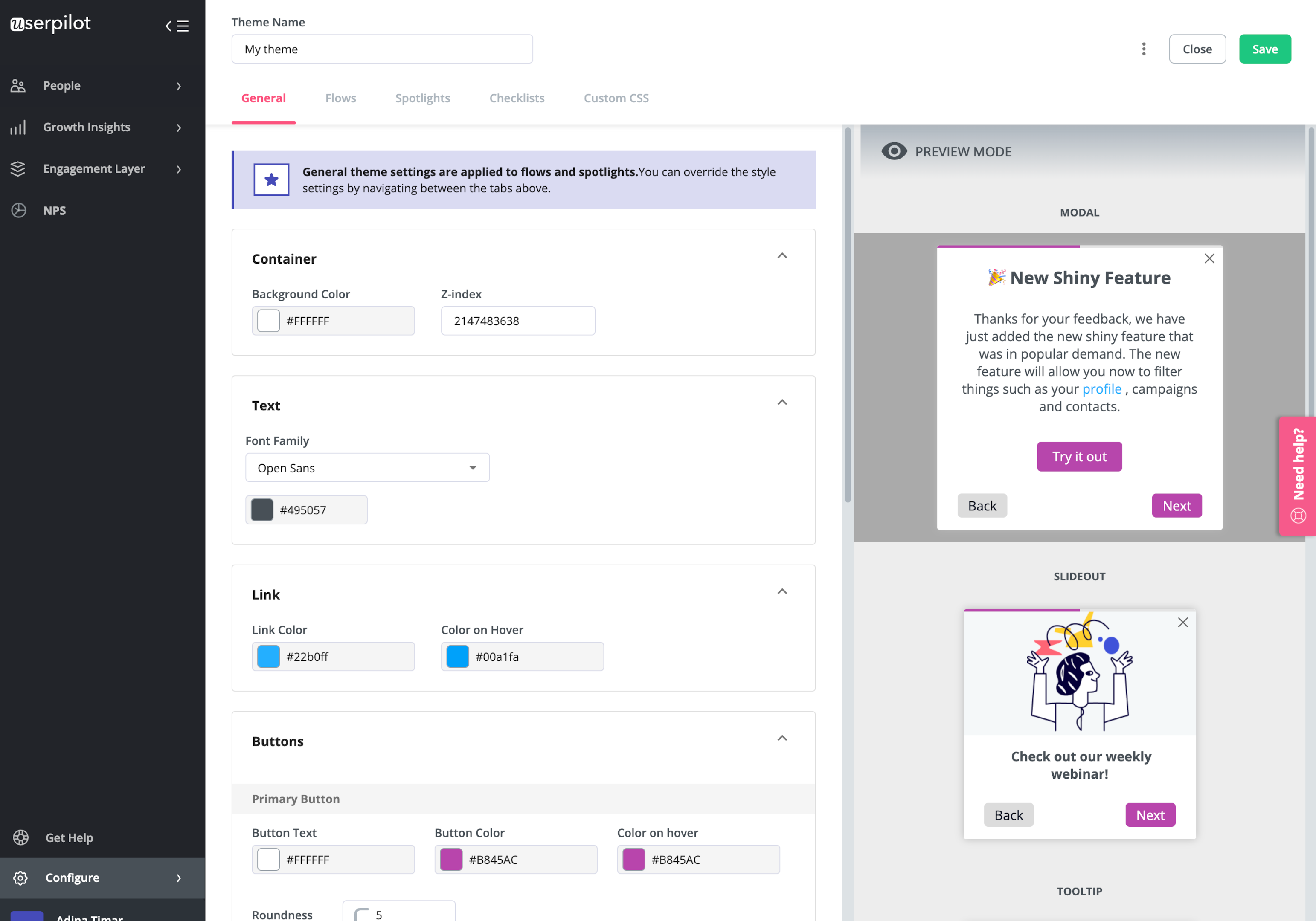 configuração de temas no userpilot