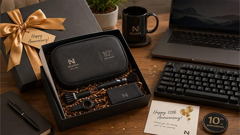 Branded keyboard and screen cleaning kit in a gift box for remote employee birthdays and company anniversaries