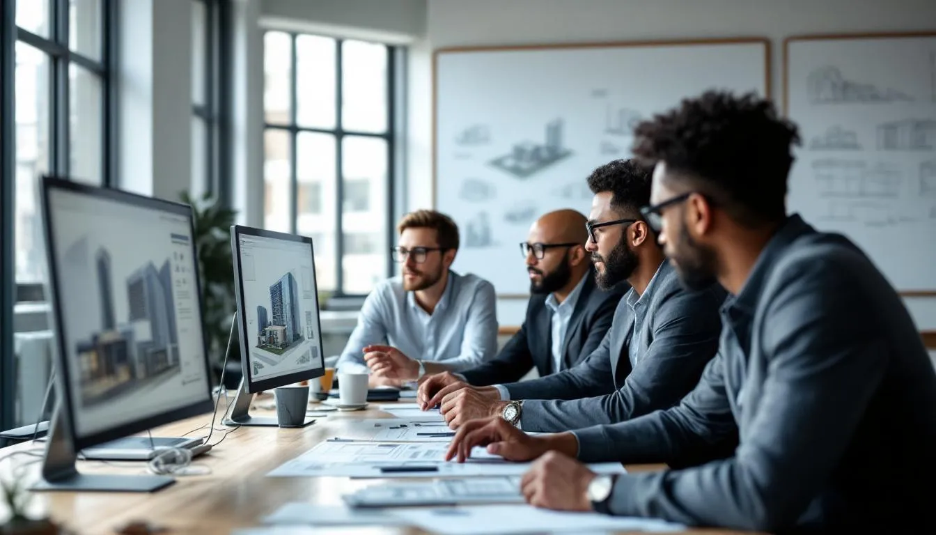 A diverse group of architects collaborates around computer screens displaying intricate building designs, reflecting teamwork in the architecture industry. They engage in discussions about construction projects and innovative solutions, emphasizing the positive impact of their work on infrastructure and communities.