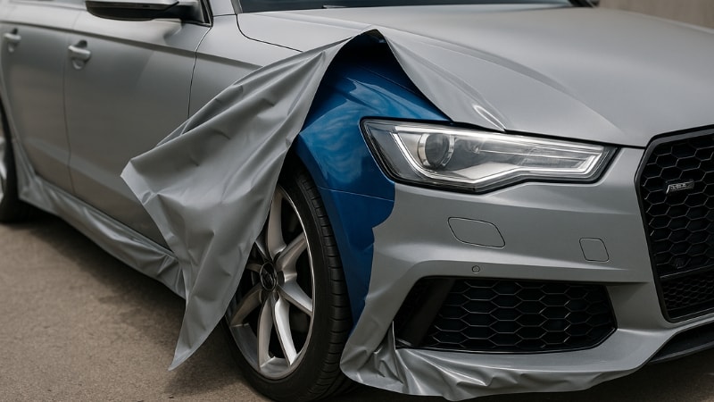 Nardo Grey wrap is being removed, exposing paint underneath