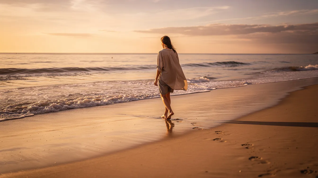A person walks barefoot along a serene ocean shoreline at golden hour, as gentle waves wash over the sand, embodying the calming effect and healing power of ocean therapy. The scene captures the essence of nature's therapeutic benefits, promoting mental health and relaxation through the soothing sounds and sea air.