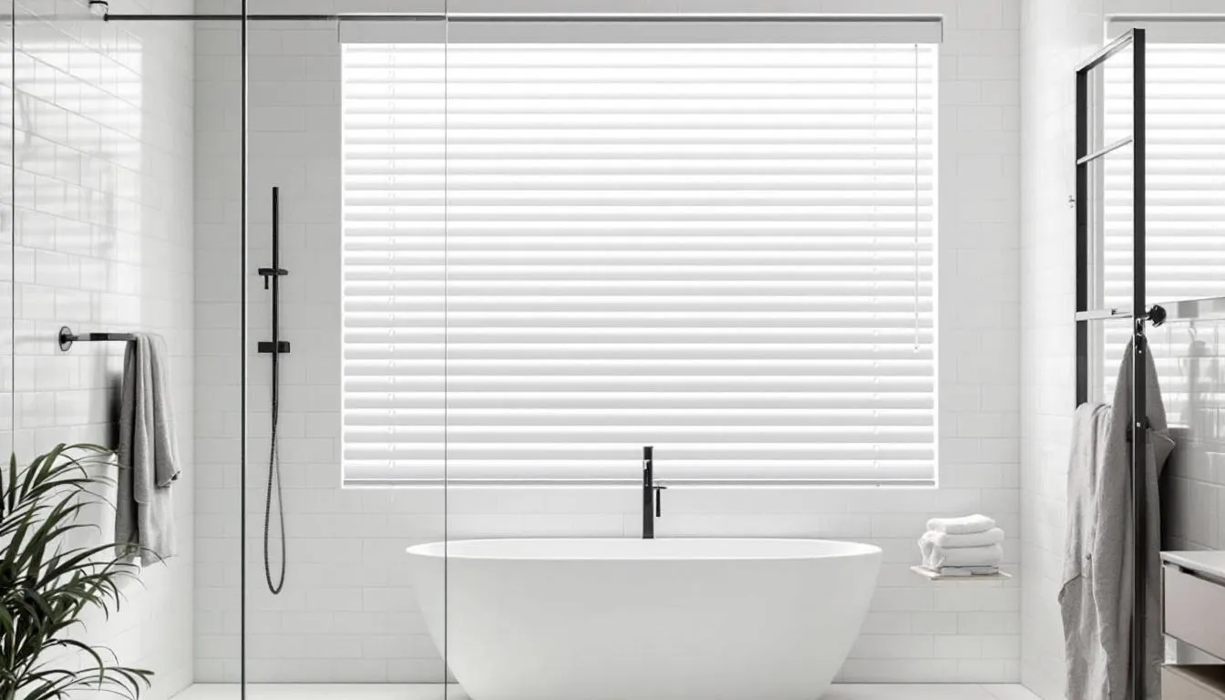 Moisture-resistant blinds installed in a bathroom.