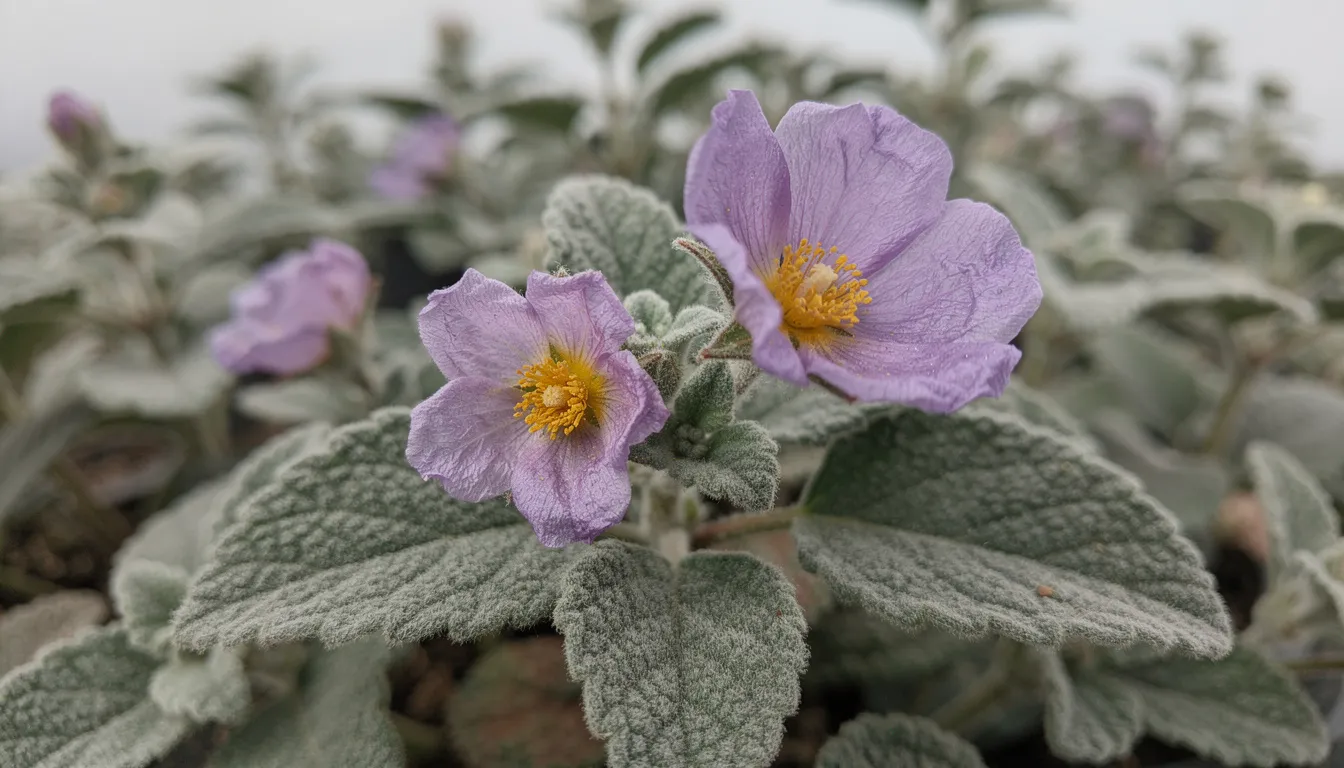 Die Nahaufnahme zeigt die charakteristischen Blätter und die lila Blüten der Zistrose (Cistus incanus), einer Heilpflanze, die häufig im Mittelmeerraum vorkommt. Diese Pflanze ist bekannt für ihre gesundheitsfördernden Eigenschaften und wird oft zur Herstellung von Zistrosentee verwendet.