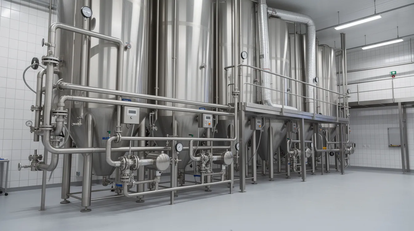 The image depicts large industrial stainless steel milk processing equipment and extensive piping within a factory setting, highlighting the advanced technology used in uht milk processing. This facility is likely involved in the production of shelf-stable dairy products, reflecting the growing demand in the global uht milk market.