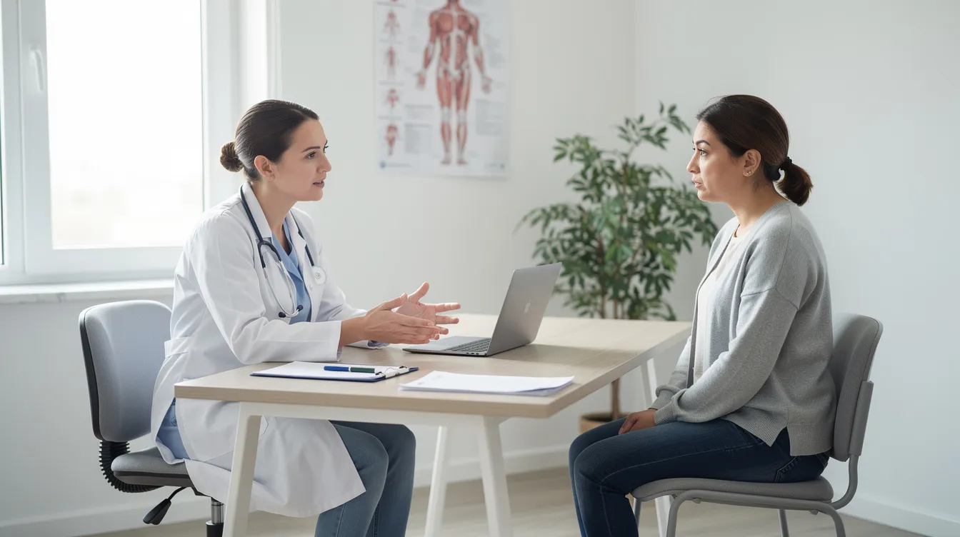 A person is seated in a bright medical consultation room, discussing their aesthetic goals with a board-certified plastic surgeon. The conversation likely revolves around options for eyelid surgery, including non-surgical blepharoplasty treatments to address issues like sagging skin and under-eye bags for a more youthful appearance.