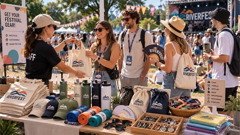 Festival staff member handing a branded tote bag to an attendee at a booth stocked with caps, towels, bottles, bags, keychains, and ponchos