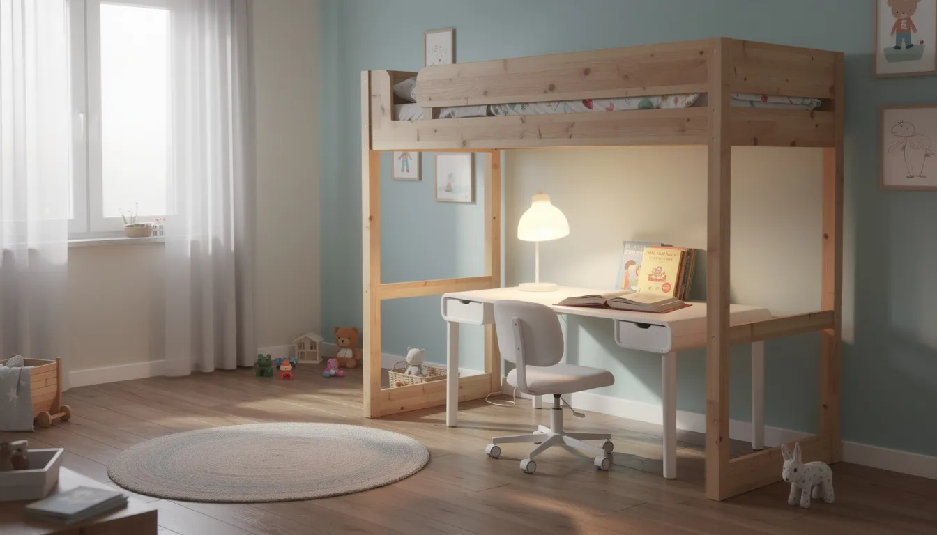 Hoogslaper bureau: dé ruimtebesparende oplossing voor kinder- en tienerkamers De afbeelding toont een kinderkamer met een houten hoogslaper boven een gezellige werkplek. Onder de hoogslaper is een bureau ingericht met een bureaulamp en boeken, wat zorgt voor een praktische oplossing voor huiswerk en extra opbergruimte.