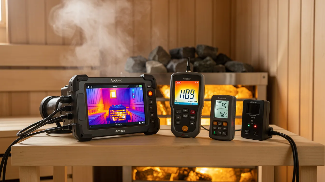 The image shows a thermal imaging camera alongside various measuring equipment set up for assessing sauna insulation efficiency. This arrangement is designed to evaluate how well the sauna retains heat and minimizes energy loss, ensuring optimal performance and energy savings for sauna owners.