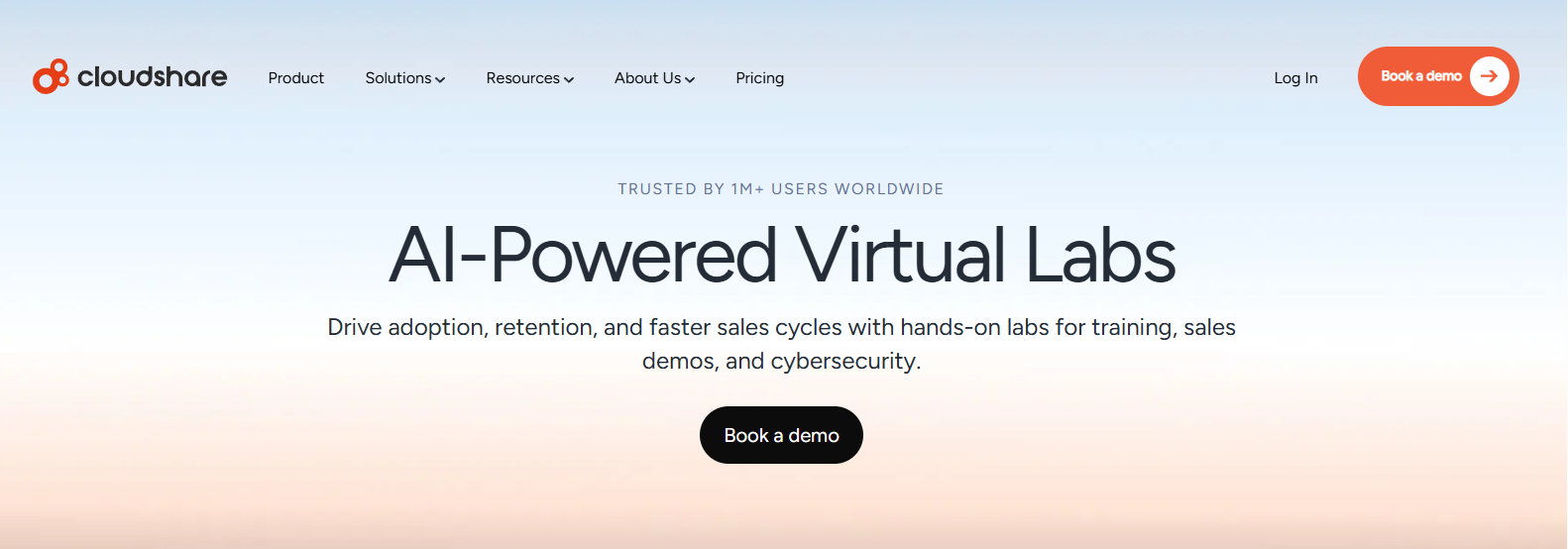 CloudShare AI-powered virtual labs platform homepage showcasing hands-on cloud environments for software training, demos, and cybersecurity, a scalable Skytap alternative