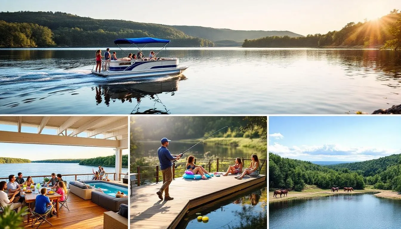 In this vibrant scene, individuals enjoy various outdoor activities at Lake of the Ozarks, including boating on a sunny lake, hiking at Ha Ha Tonka State Park with breathtaking views, and serene fishing at sunrise. The bottom half captures the lively atmosphere of lakeside dining with smiling people, kids splashing in a pool, and families playing pickleball, all set against the picturesque backdrop of the Ozarks.
