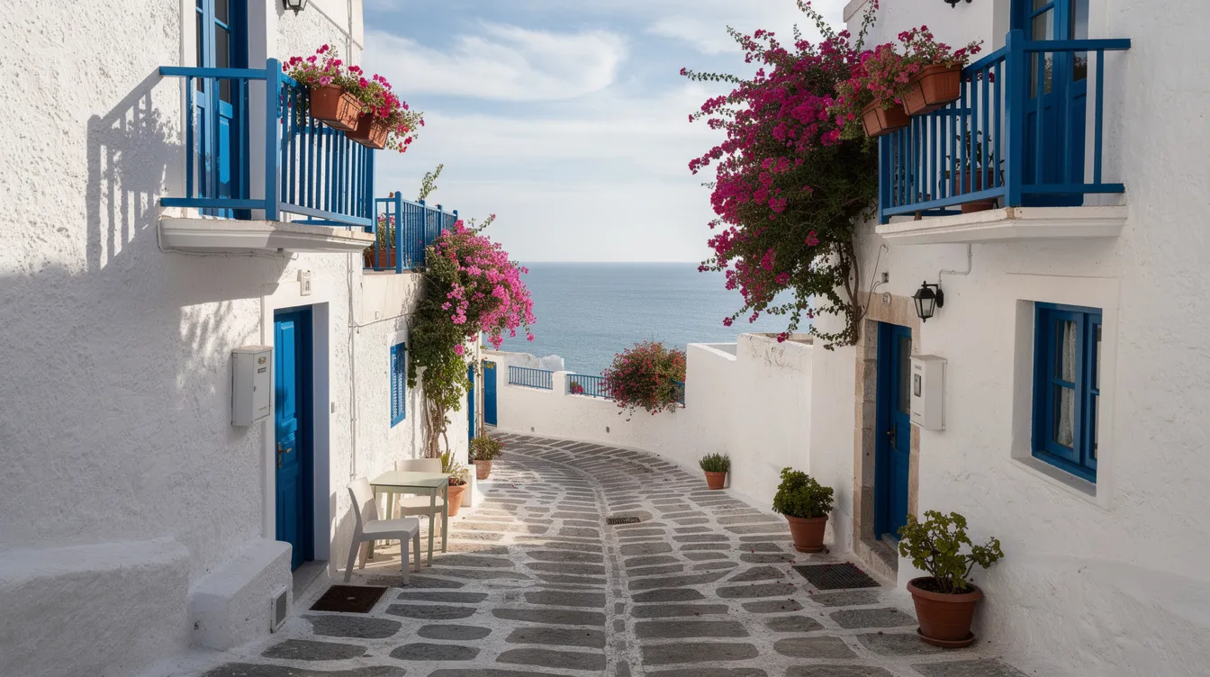 The image depicts traditional narrow streets painted in blue and white, with stunning ocean views in the background, reflecting the charm of Morocco's capital, Rabat. This picturesque scene captures the essence of a day trip from Casablanca, showcasing the rich history and culture found in the city's old medina.