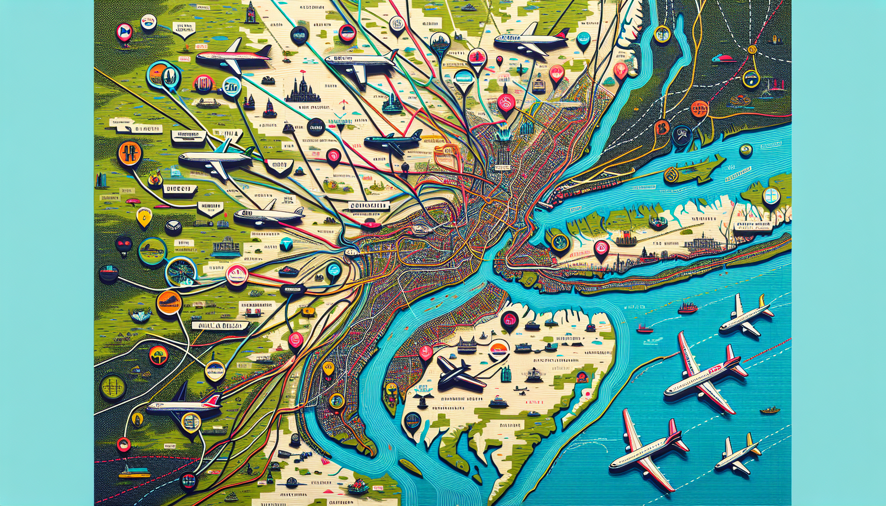 An illustration showing nearby airports and alternative routes for flights from New York to Philadelphia.