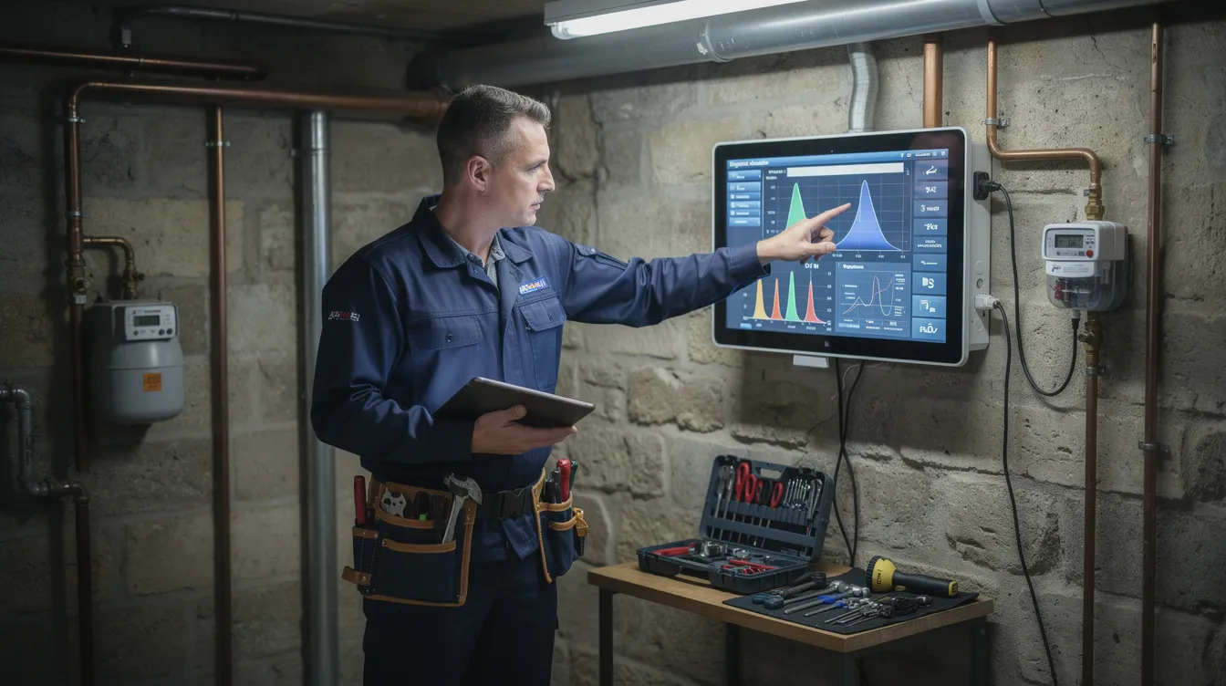 Un plombier professionnel consulte un écran de diagnostic dans un sous-sol parisien, utilisant une caméra de canalisation pour effectuer une inspection des tuyaux. Il vérifie l'état des conduits afin de détecter d'éventuelles anomalies ou fuites, garantissant ainsi la sécurité et le bon fonctionnement du système de plomberie.