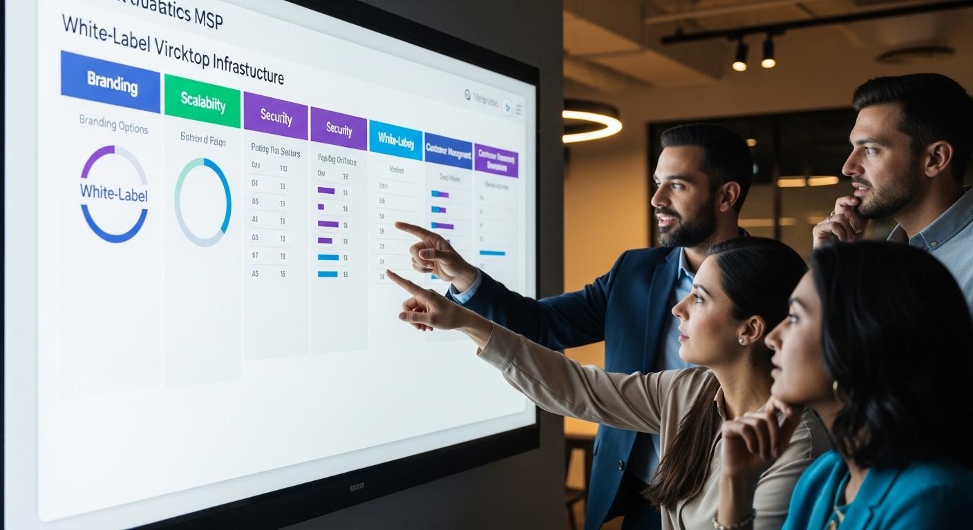 Managed service provider evaluating multiple white-label VDI platforms on a dashboard comparing branding options, scalability, security, and customer management features.