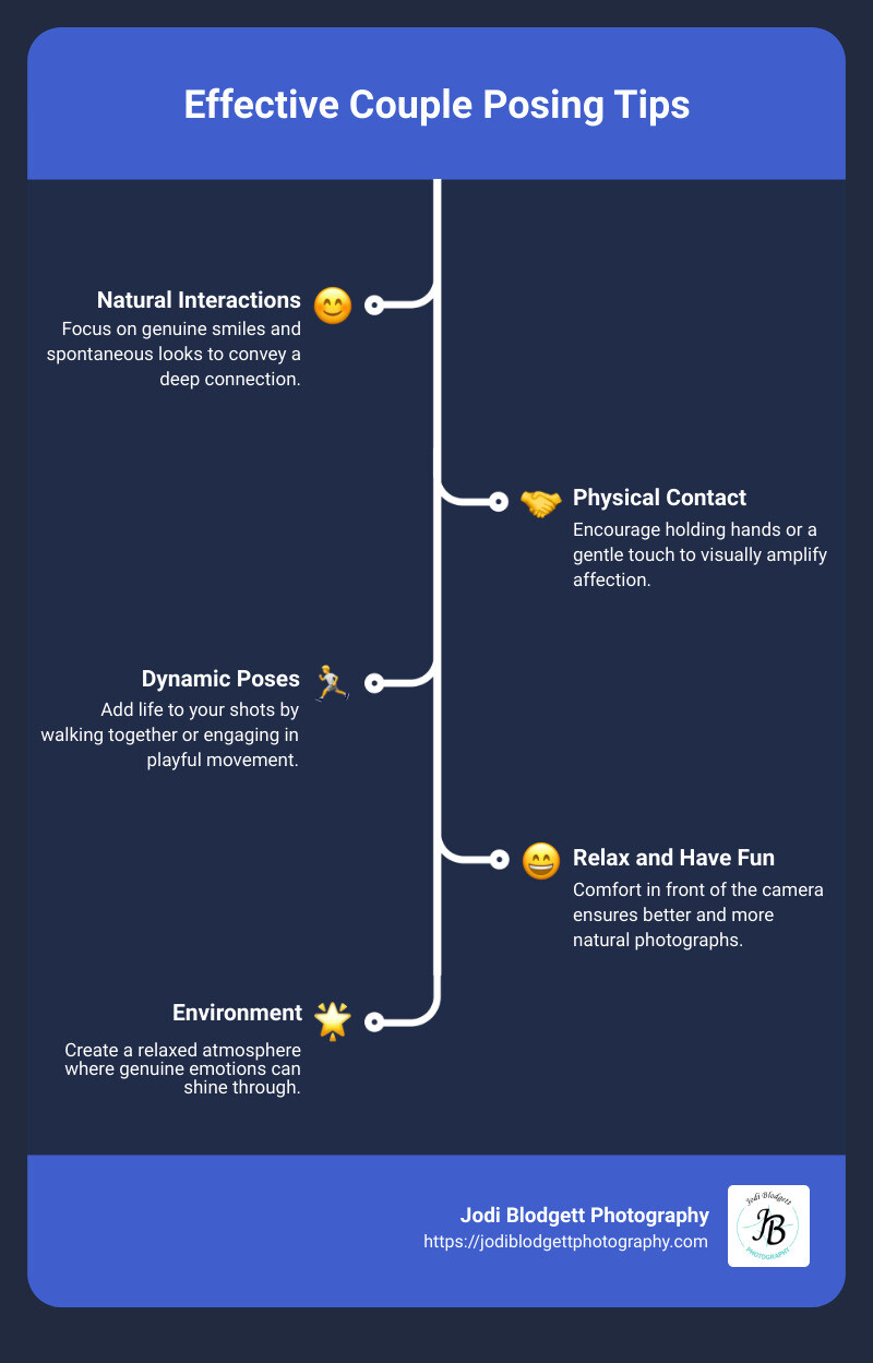 couples posing - wedding photography - Detailed infographic on effective couple posing tips: includes embracing natural interactions, ensuring physical touch, experimenting with dynamic activities like walking or hugging, and maintaining a relaxed and enjoyable atmosphere throughout the photoshoot. - tips for posing as a couple in photos infographic infographic-line-5-steps