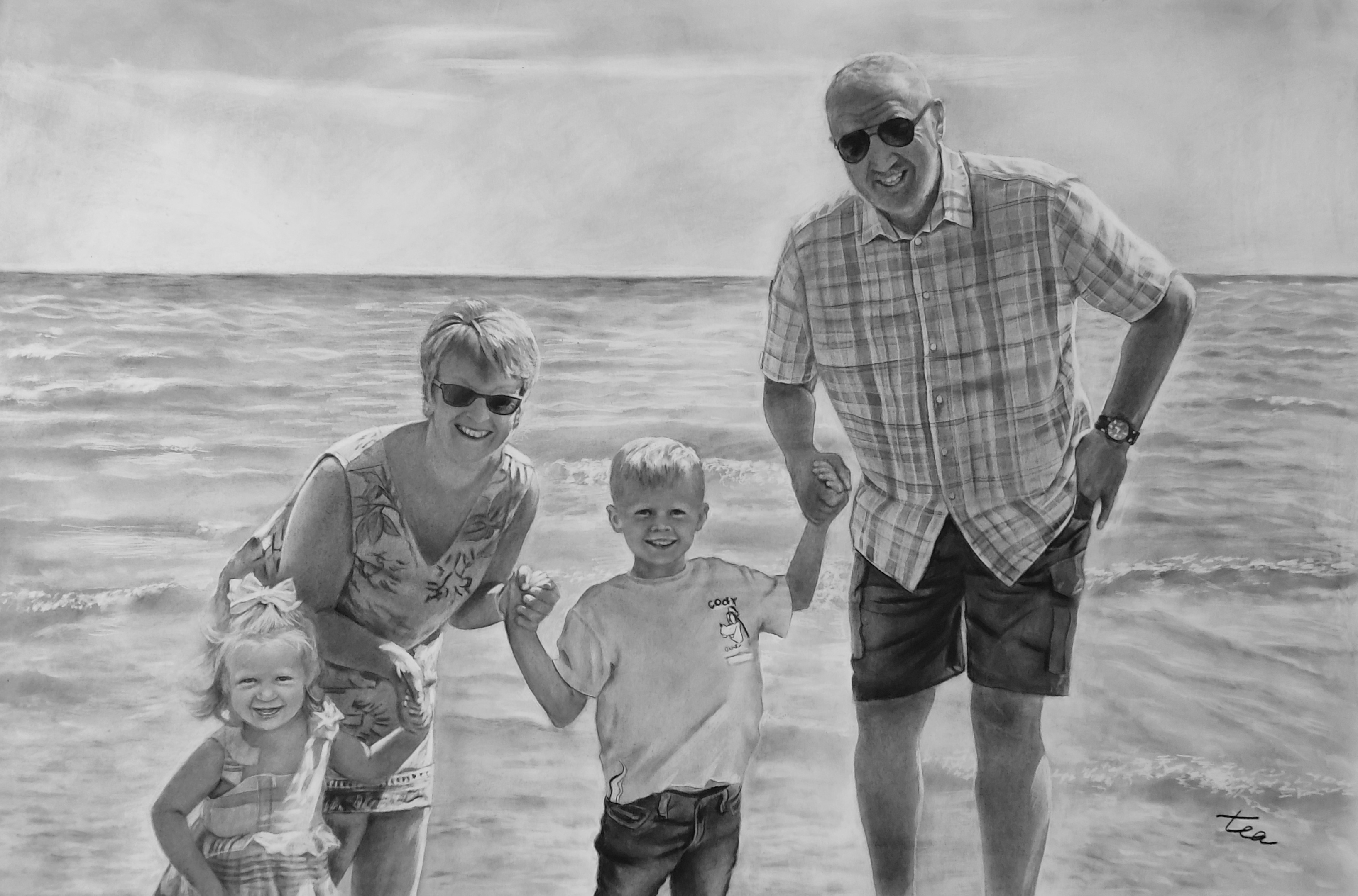 Charcoal portrait featuring two grandchildren and two grandparents at the beach.